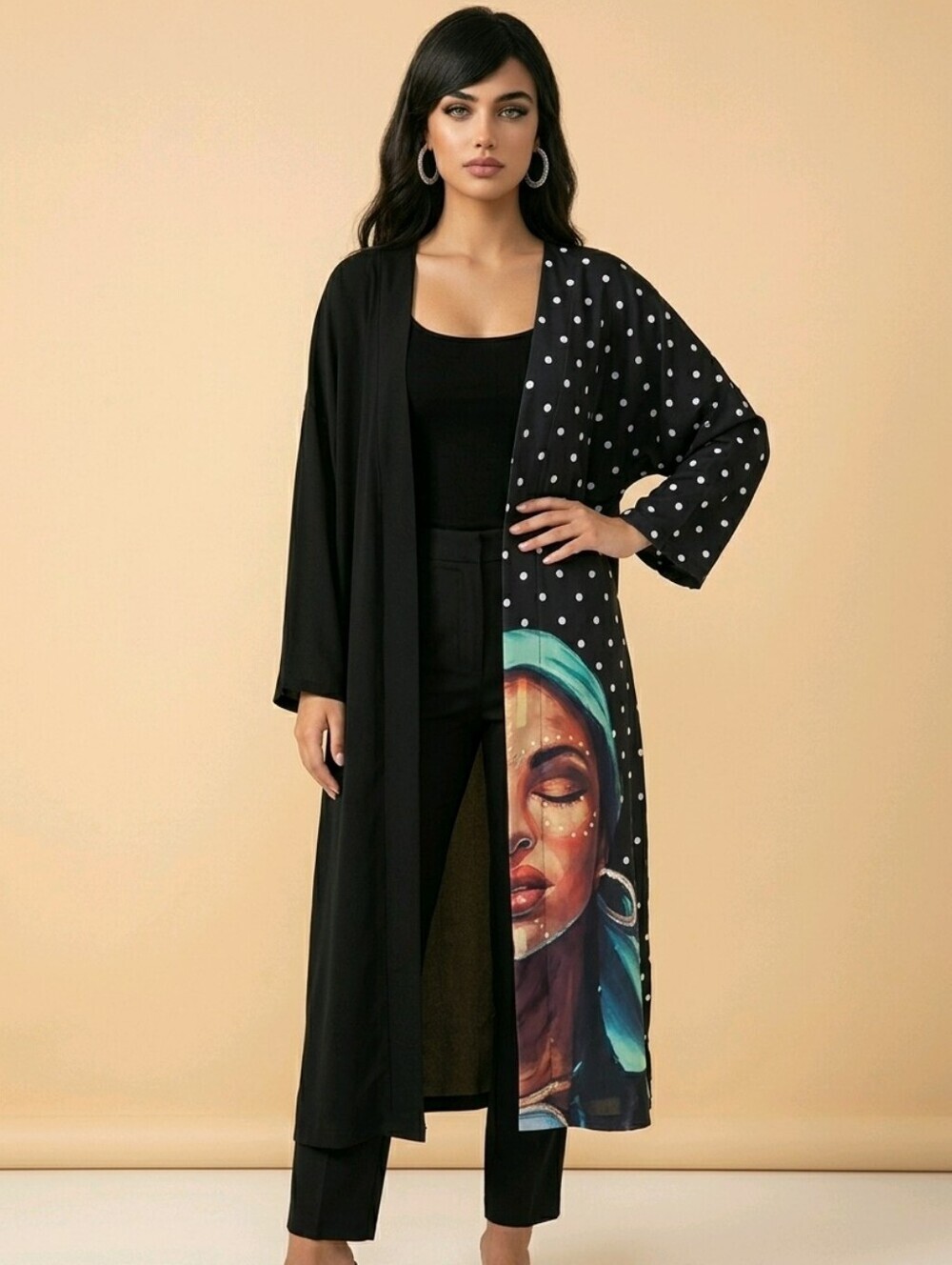 PiyanoBlack and Polka Dot Artistic Kimono Duster Sz 3 w Pockets  Exc Condition